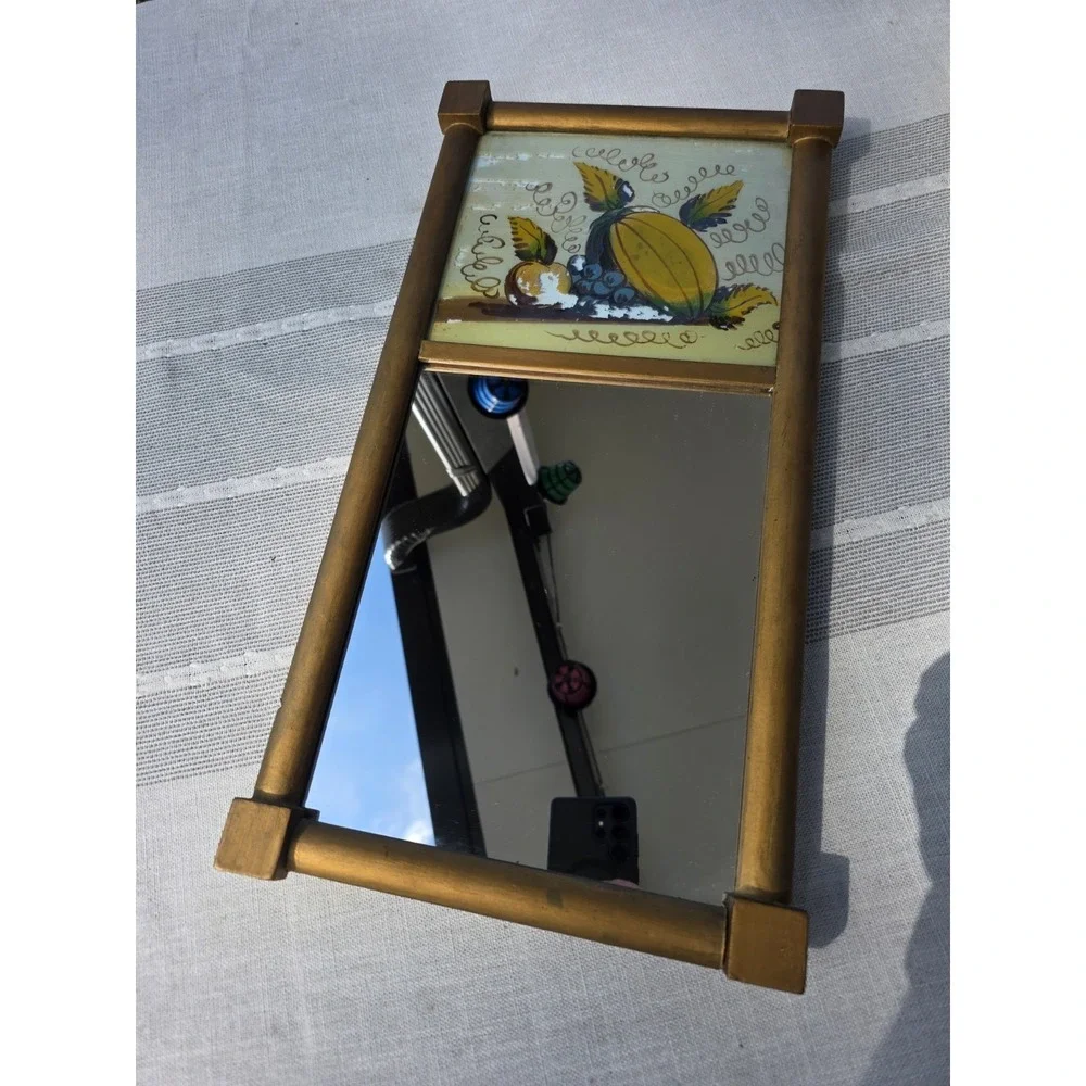 VTG 10x19.5 Gold Wood Wall Mirror Reverse Painted‎ Fruit Rustic Cottage